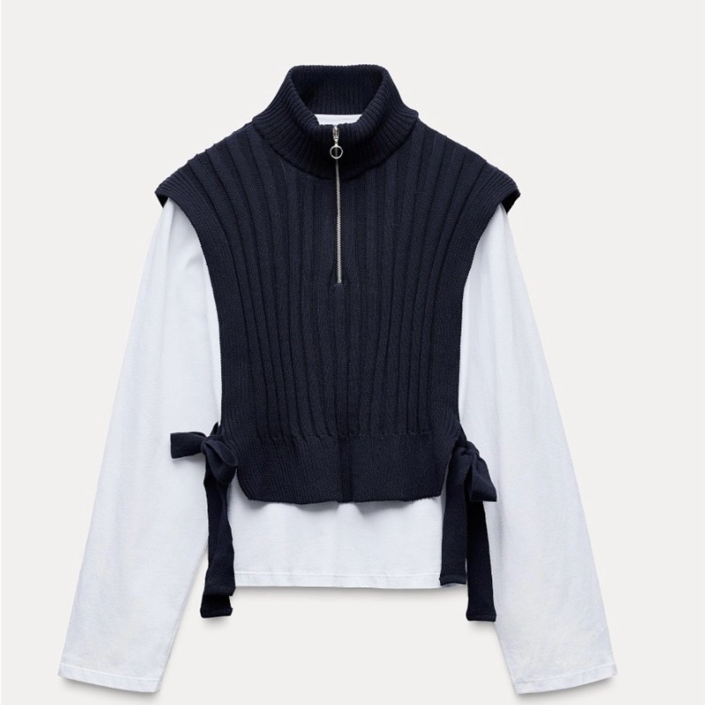Zara Navy blue Ribbed Sweater Vest with Long Sleeve Shirt
